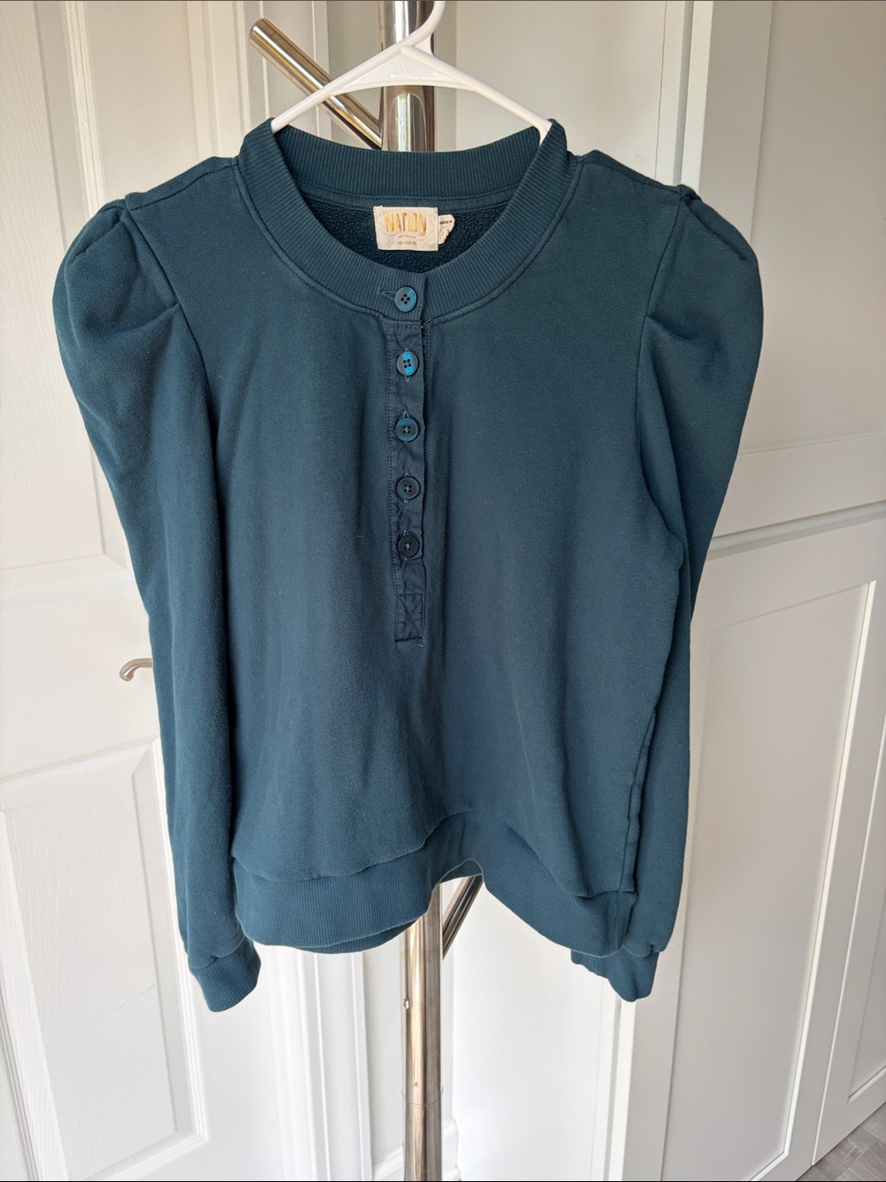 Nation LTD Dark Teal Puff Shoulder Henley Sweatshirt, Size M.